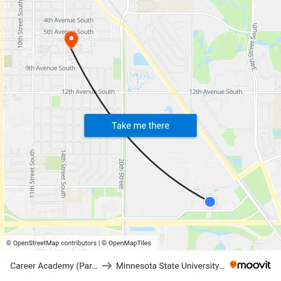 Career Academy (Parking Lot) to Minnesota State University Moorhead map