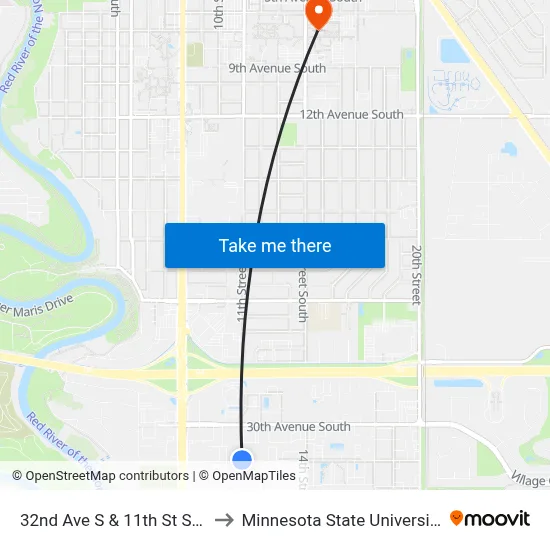 32nd Ave S & 11th St S (Corner Ne) to Minnesota State University Moorhead map