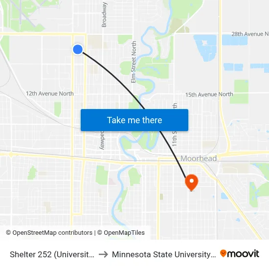 Shelter 252 (University Village) to Minnesota State University Moorhead map
