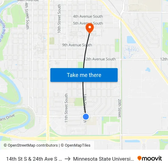 14th St S & 24th Ave S (Corner Se) to Minnesota State University Moorhead map