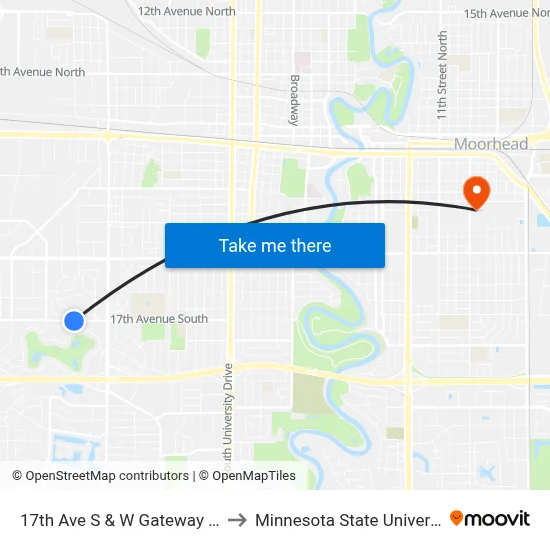 17th Ave S & W Gateway Cir (Corner Sw) to Minnesota State University Moorhead map