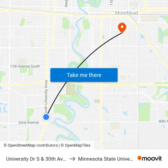 University Dr S & 30th Ave S (Corner Nw) to Minnesota State University Moorhead map