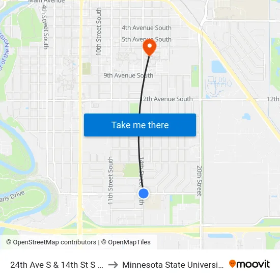 24th Ave S & 14th St S (Corner Ne) to Minnesota State University Moorhead map