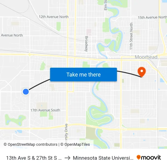 13th Ave S & 27th St S (Corner Ne) to Minnesota State University Moorhead map