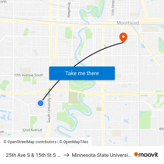 25th Ave S & 15th St S (Corner Sw) to Minnesota State University Moorhead map