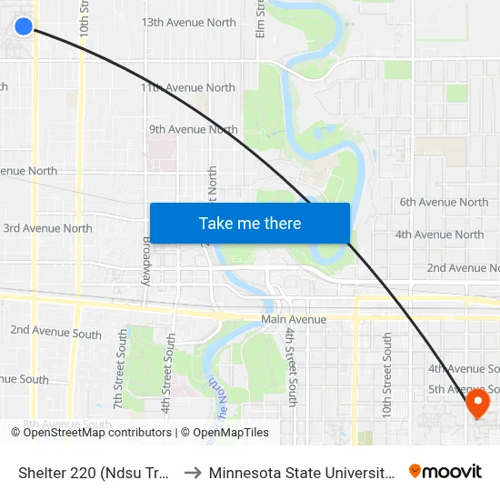 Shelter 220 (Ndsu Transit Hub) to Minnesota State University Moorhead map