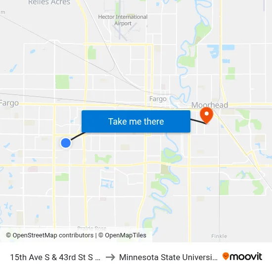 15th Ave S & 43rd St S (Corner Sw) to Minnesota State University Moorhead map