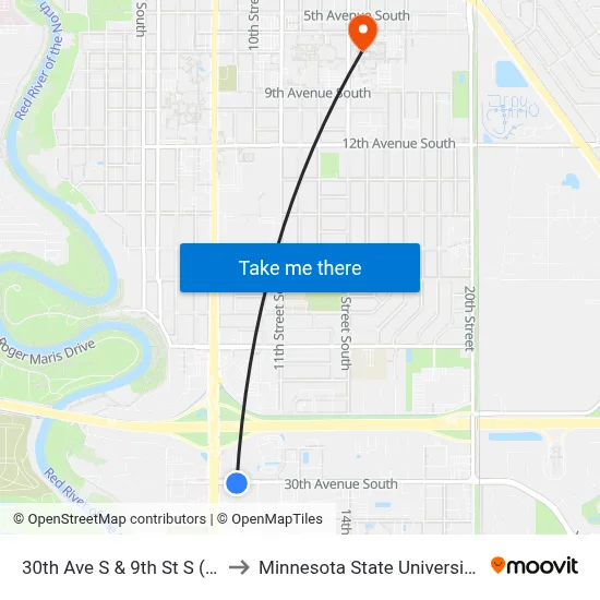 30th Ave S & 9th St S (Corner Sw) to Minnesota State University Moorhead map