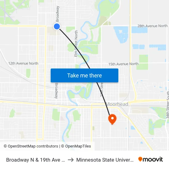 Broadway N & 19th Ave N (Corner Se) to Minnesota State University Moorhead map