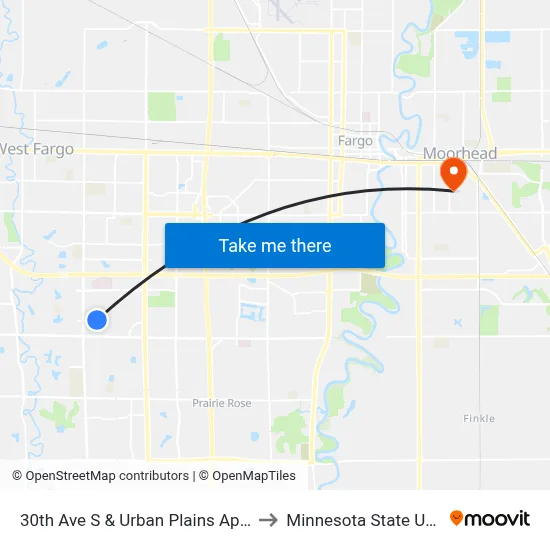 30th Ave S & Urban Plains Apartments (Midblock North) to Minnesota State University Moorhead map