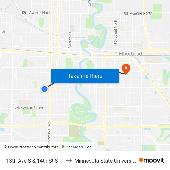13th Ave S & 14th St S (Corner Sw) to Minnesota State University Moorhead map