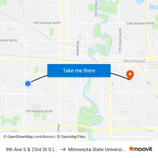 9th Ave S & 23rd St S (Corner Sw) to Minnesota State University Moorhead map