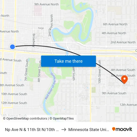 Np Ave N & 11th St N/10th St N (Midblock South) to Minnesota State University Moorhead map