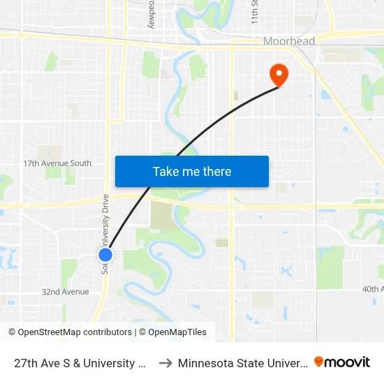 27th Ave S & University Dr S (Corner Sw) to Minnesota State University Moorhead map