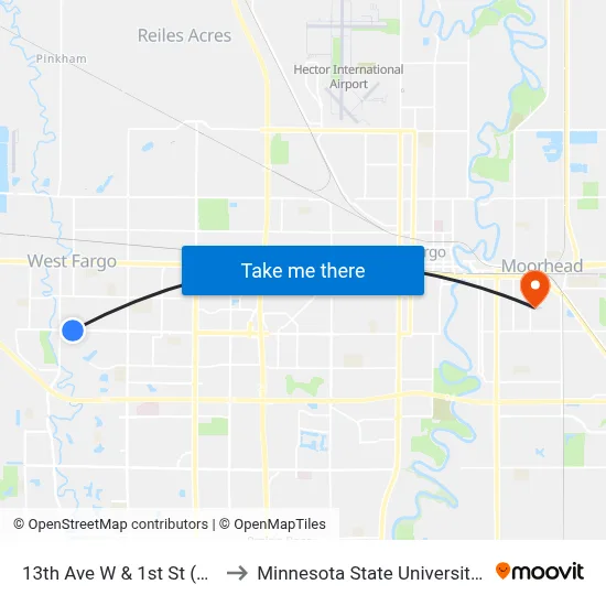 13th Ave W & 1st St (Corner Sw) to Minnesota State University Moorhead map