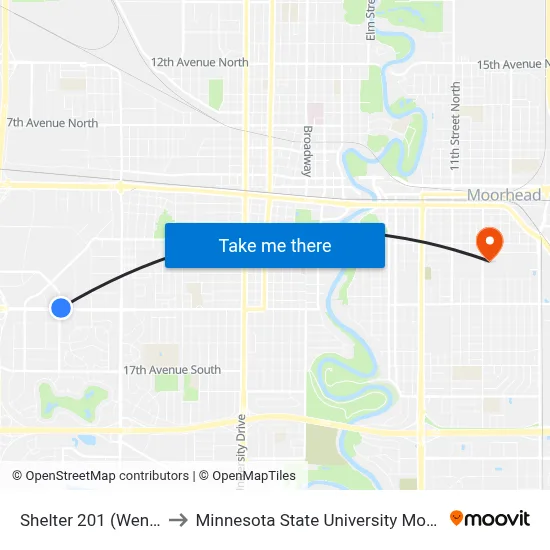 Shelter 201 (Wendys) to Minnesota State University Moorhead map