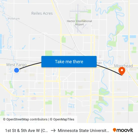 1st St & 5th Ave W (Corner Nw) to Minnesota State University Moorhead map