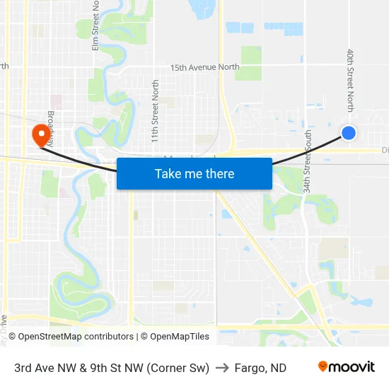 3rd Ave NW & 9th St NW (Corner Sw) to Fargo, ND map