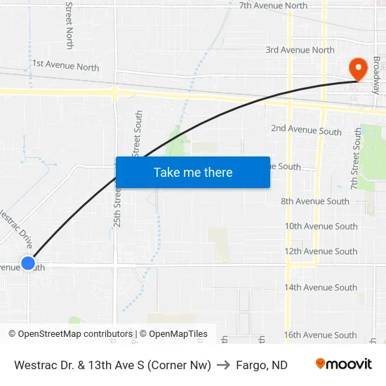 Westrac Dr. & 13th Ave S (Corner Nw) to Fargo, ND map