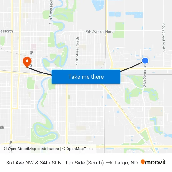 3rd Ave NW & 34th St N - Far Side (South) to Fargo, ND map