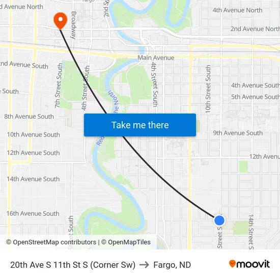 20th Ave S 11th St S (Corner Sw) to Fargo, ND map