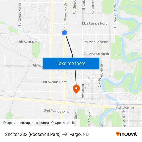 Shelter 282 (Roosevelt Park) to Fargo, ND map