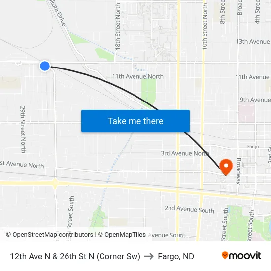 12th Ave N & 26th St N (Corner Sw) to Fargo, ND map