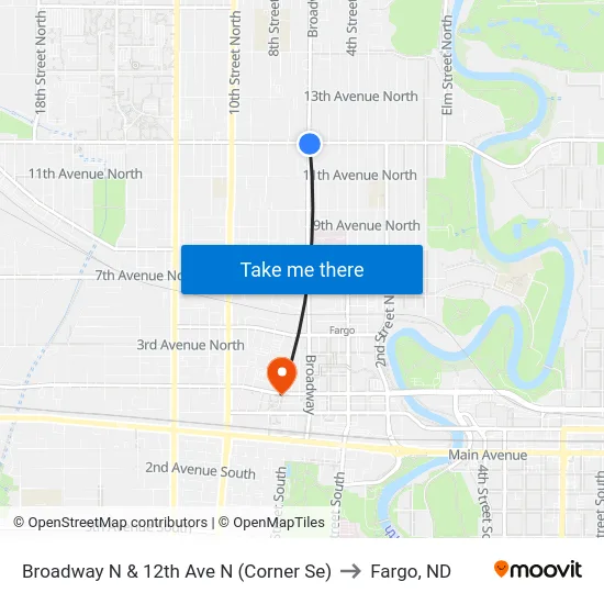 Broadway N & 12th Ave N (Corner Se) to Fargo, ND map