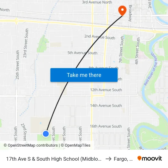 17th Ave S & South High School (Midblock S) to Fargo, ND map