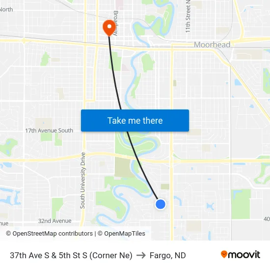 37th Ave S & 5th St S (Corner Ne) to Fargo, ND map