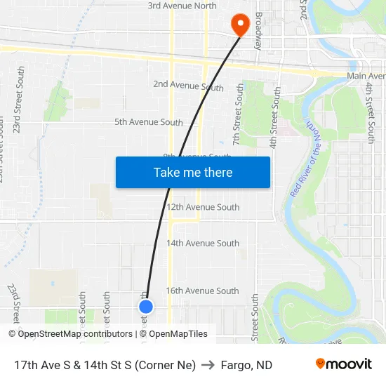 17th Ave S & 14th St S (Corner Ne) to Fargo, ND map