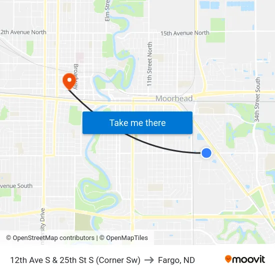 12th Ave S & 25th St S (Corner Sw) to Fargo, ND map