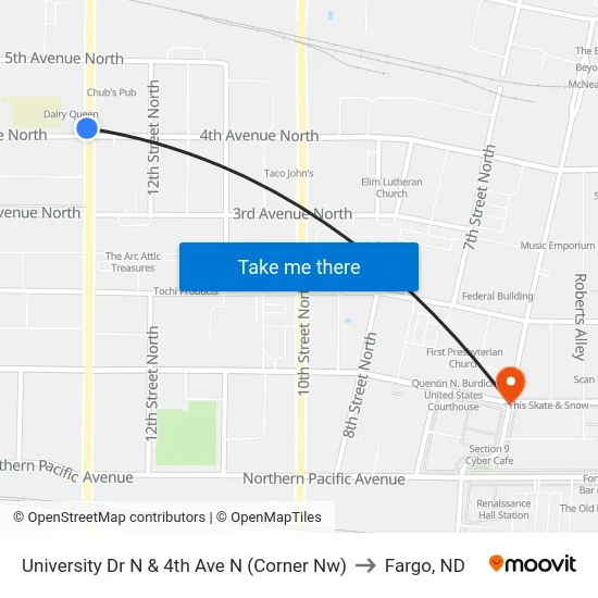 University Dr N & 4th Ave N (Corner Nw) to Fargo, ND map