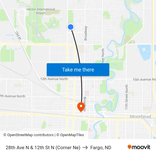 28th Ave N & 12th St N (Corner Ne) to Fargo, ND map