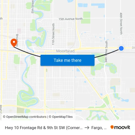 Hwy 10 Frontage Rd & 9th St SW (Corner Ne) to Fargo, ND map