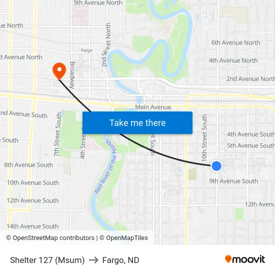 Shelter 127 (Msum) to Fargo, ND map