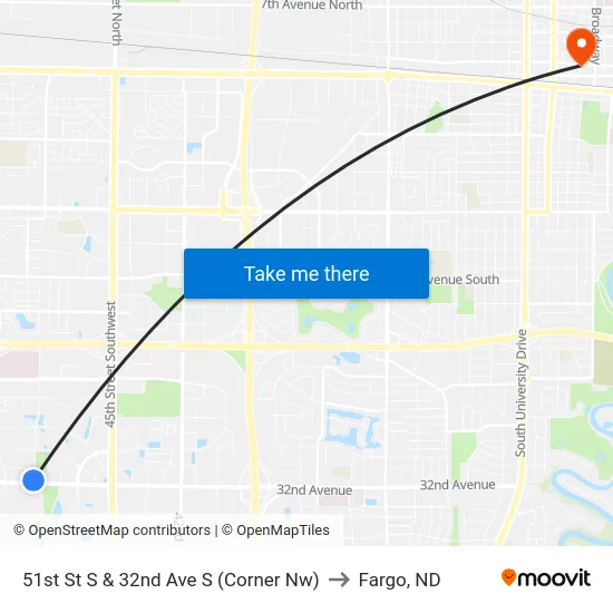 51st St S & 32nd Ave S (Corner Nw) to Fargo, ND map