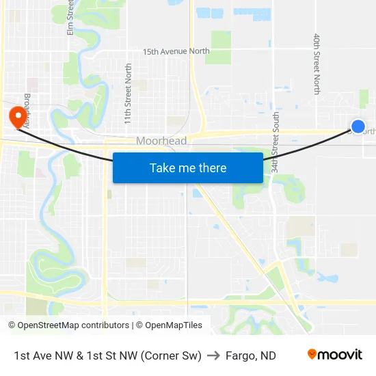 1st Ave NW & 1st St NW (Corner Sw) to Fargo, ND map