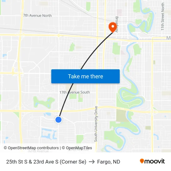 25th St S & 23rd Ave S (Corner Se) to Fargo, ND map