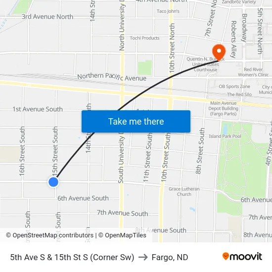 5th Ave S & 15th St S (Corner Sw) to Fargo, ND map