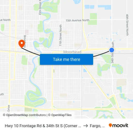 Hwy 10 Frontage Rd & 34th St S (Corner Sw) to Fargo, ND map