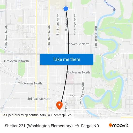 Shelter 221 (Washington Elementary) to Fargo, ND map