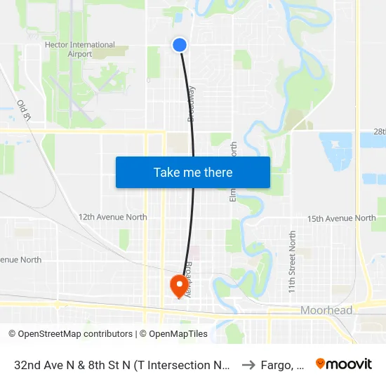 32nd Ave N & 8th St N (T Intersection North) to Fargo, ND map