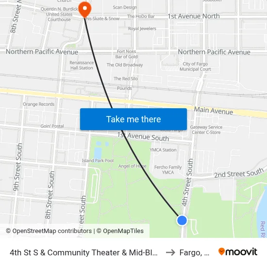 4th St S & Community Theater & Mid-Block to Fargo, ND map