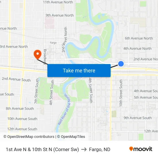 1st Ave N & 10th St N (Corner Sw) to Fargo, ND map