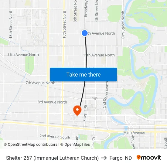 Shelter 267 (Immanuel Lutheran Church) to Fargo, ND map