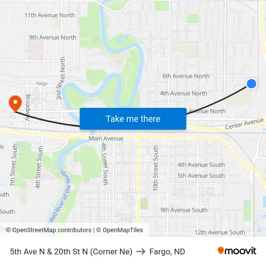 5th Ave N & 20th St N (Corner Ne) to Fargo, ND map