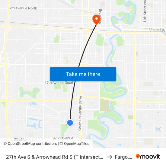 27th Ave S & Arrowhead Rd S (T Intersection South) to Fargo, ND map