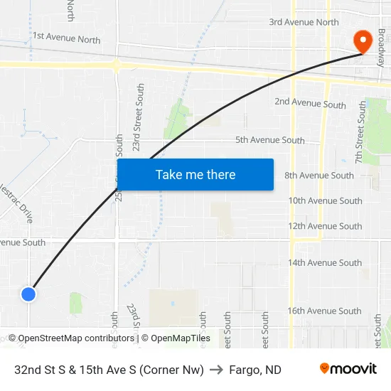 32nd St S & 15th Ave S (Corner Nw) to Fargo, ND map
