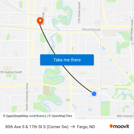 30th Ave S & 17th St S (Corner Sw) to Fargo, ND map